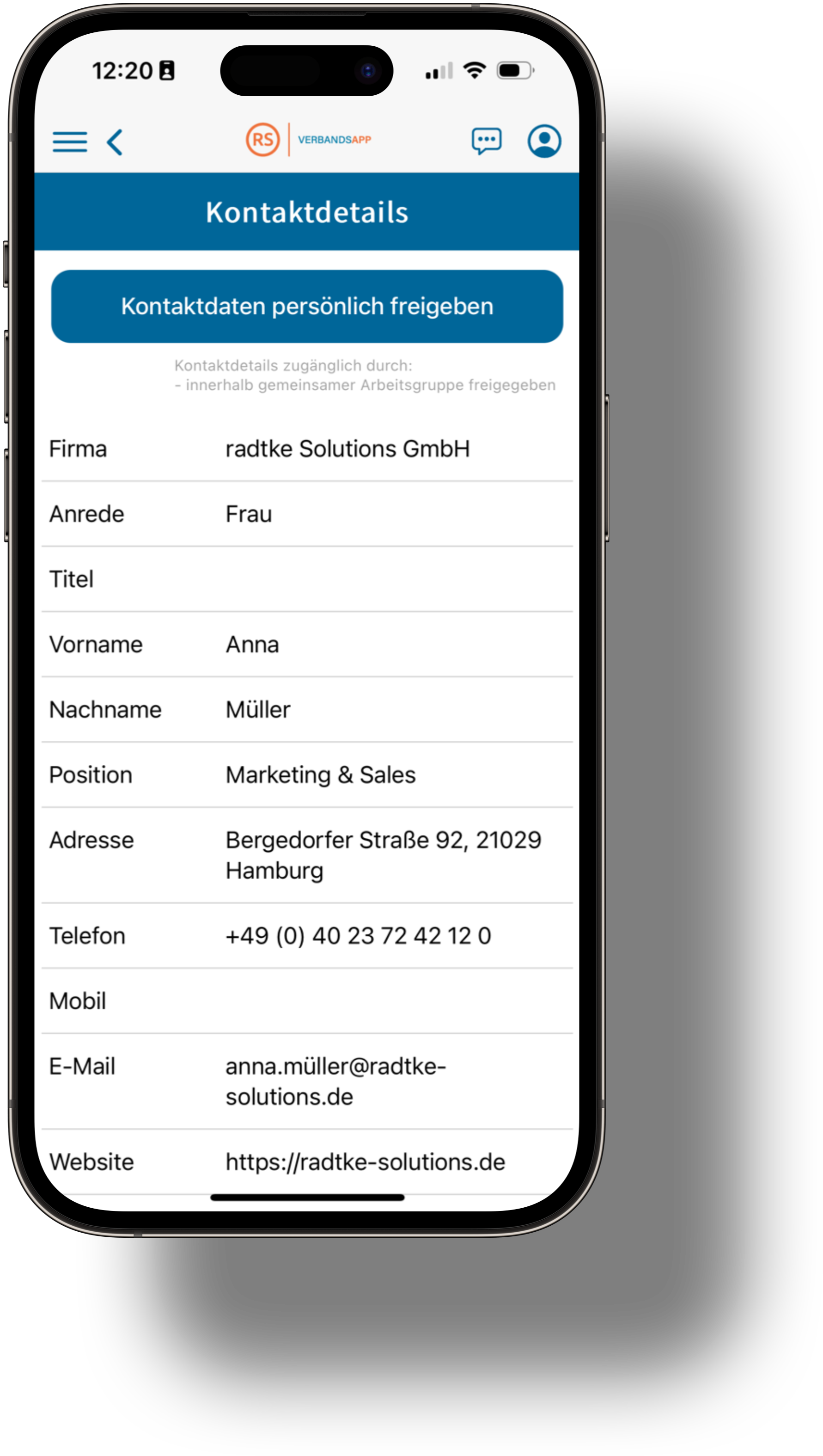 Kontaktdetail in der Mitglieder-App