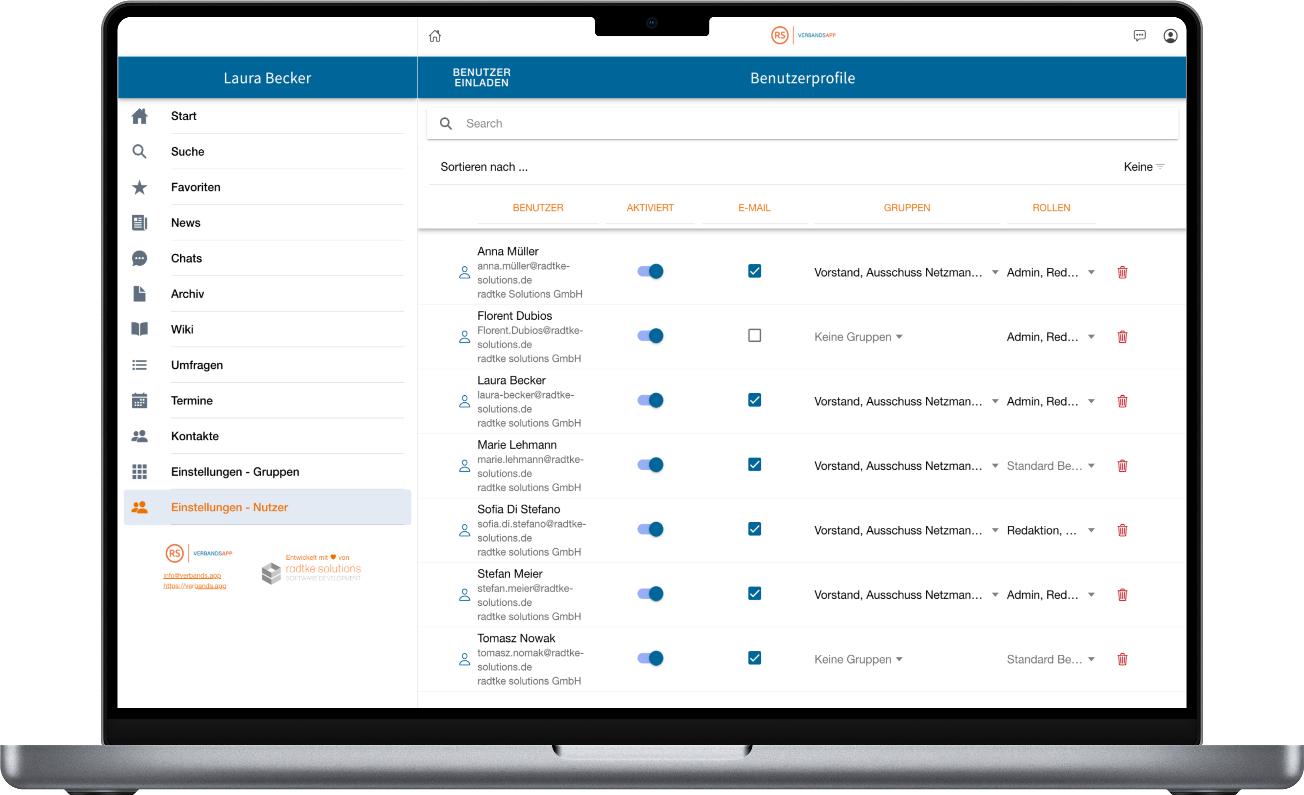 Screenshot Admin-Bereich der Verbands App